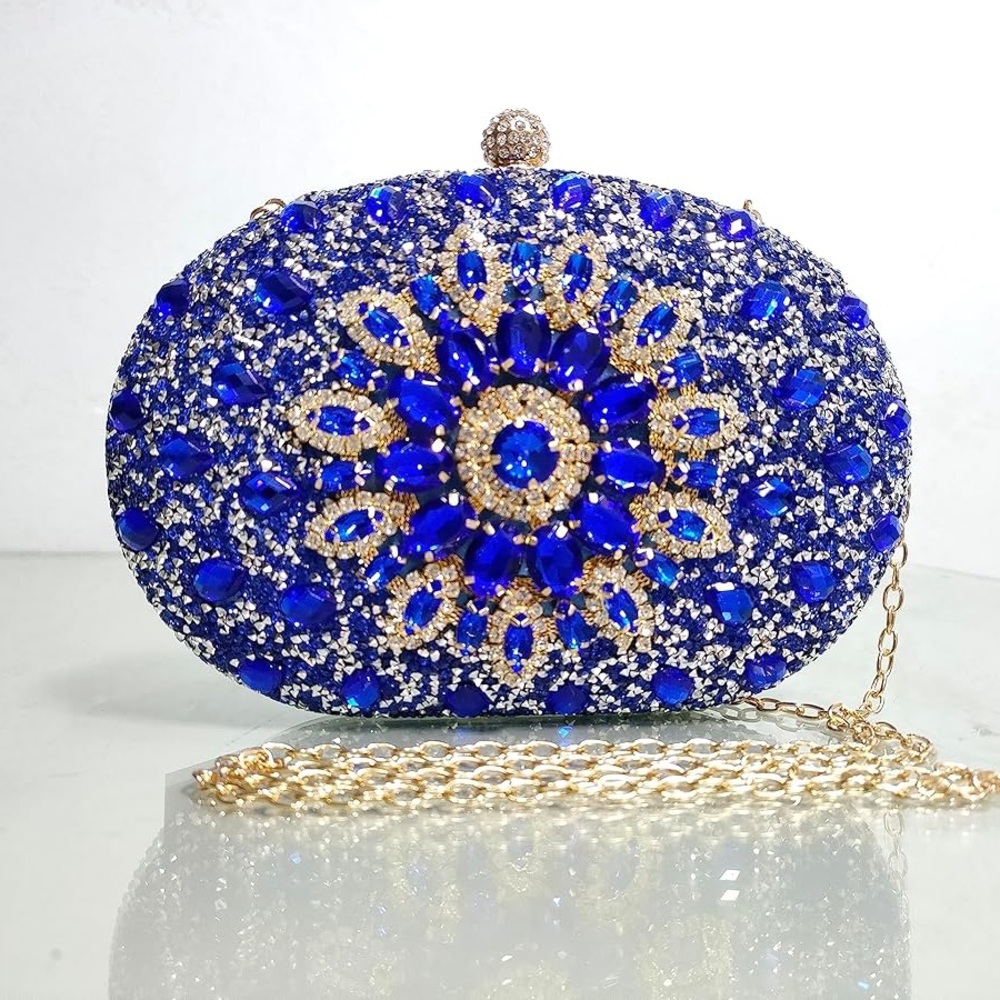 New Women Evening Bag Clutch Purse Sparkly Diamond Bag, Blue Rhinestones Handbag